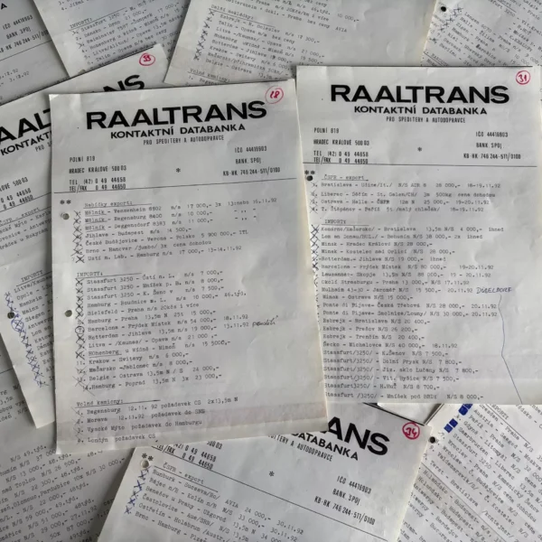 Seznam nabídek přeprav a volných vozů zasílaných faxem 1992